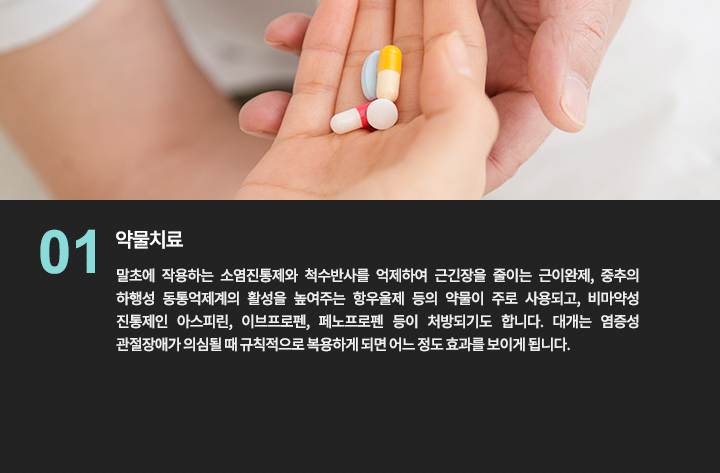 1. 약물치료 : 말초에 작용하는 소염진통제와 척수반사를 억제하여 근긴장을 줄이는 근이완제, 중추의 하행성 동통억제계의 활성을 높여주는 항우울제 등의 약물이 주로 사용되고, 비마약성 진통제인 아스피린, 이브프로펜, 페노프로펜 등이 처방되기도 합니다. 대개는 염증성 관절장애가 의심될 때 규칙적으로 복용하게 되면 어느 정도 효과를 보이게 됩니다. 